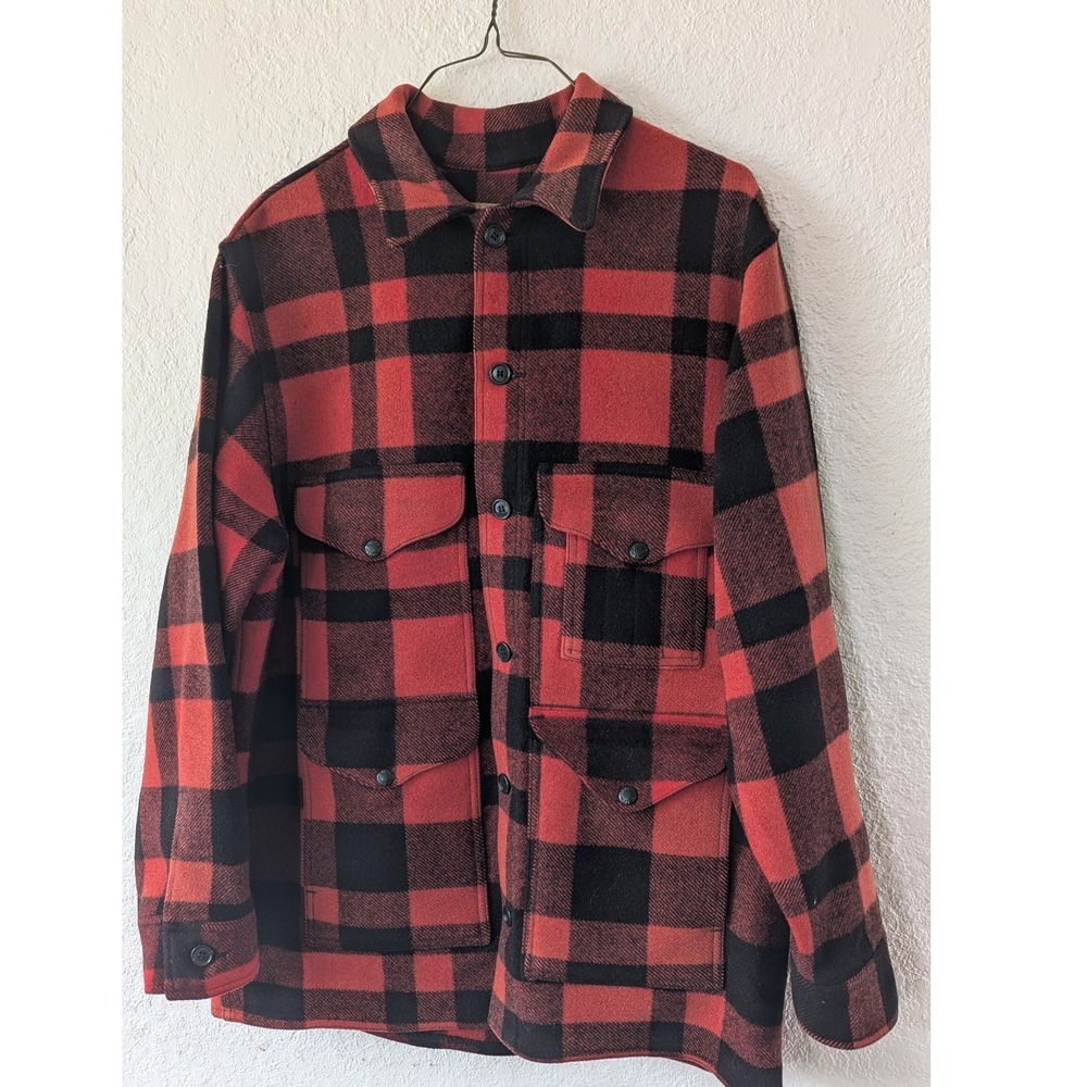 1970s Filson Mackinaw Cruiser Jacket Red Black Buffalo Plaid Wool Lot 110 USA